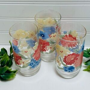 Floral Glass Tumblers (Set of 3) - Red, Blue, Yellow